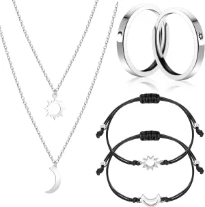 Bonuci 6 Pcs Best Friends Gifts Jewelry Set, Include BFF Necklace for 2 Matching Friendship Necklaces Sun and Moon Bracelets Adjustable Rings for Couples Best Friend