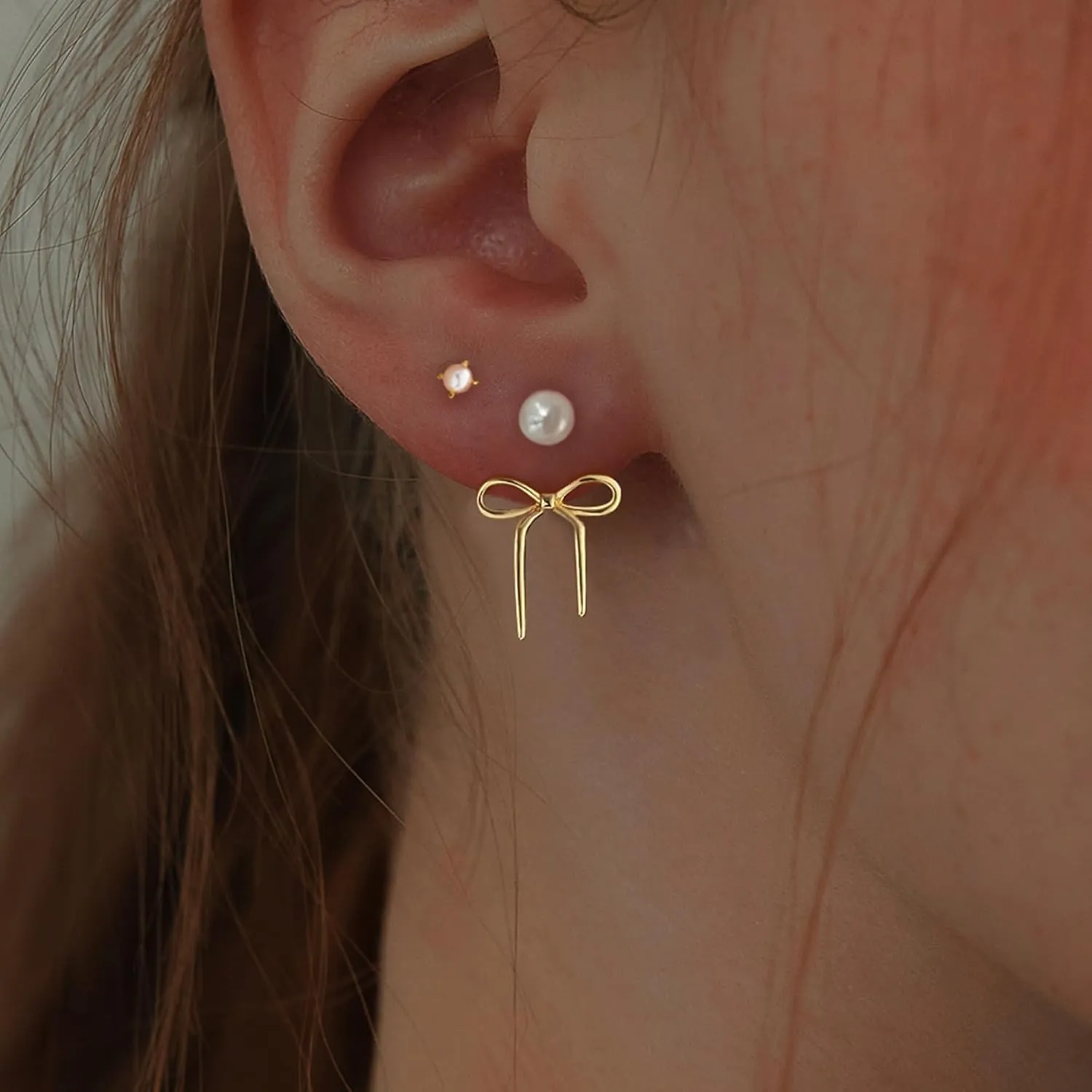 Bow Earrings for Women 14k Gold/Silver Plated Hypoallergenic Dainty Pearl/Cubic Zirconia/Ball Earrings Stacked Stud Earrings Set Jewelry Gifts for Teen Mom Girlfriend