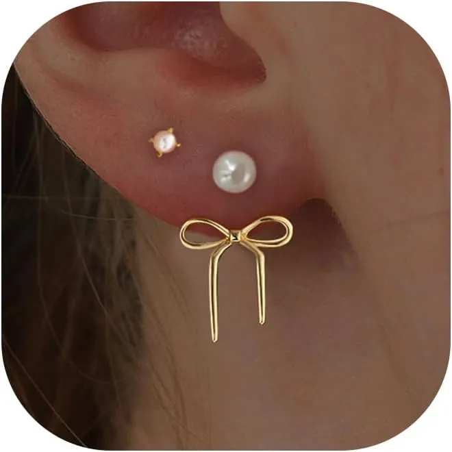 Bow Earrings for Women 14k Gold/Silver Plated Hypoallergenic Dainty Pearl/Cubic Zirconia/Ball Earrings Stacked Stud Earrings Set Jewelry Gifts for Teen Mom Girlfriend
