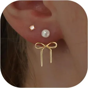 Bow Earrings for Women 14k Gold/Silver Plated Hypoallergenic Dainty Pearl/Cubic Zirconia/Ball Earrings Stacked Stud Earrings Set Jewelry Gifts for Teen Mom Girlfriend