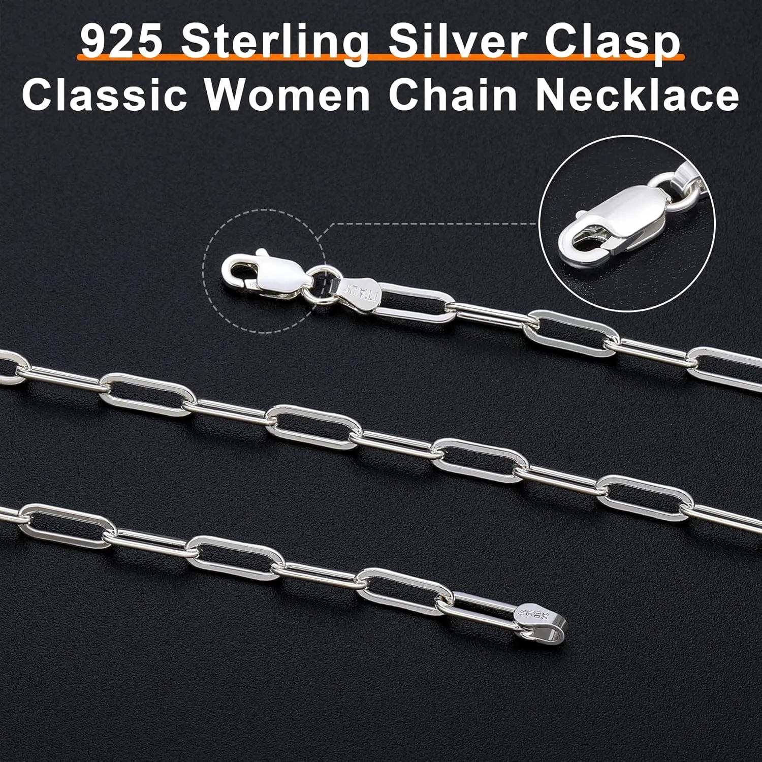 BRIJEWNES 925 Sterling Silver Clasp 3mm Paperclip Chain Necklace for Women Diamond Cut Silver Chain Necklace for Women 16 18 20 22 24 26 30 Inches