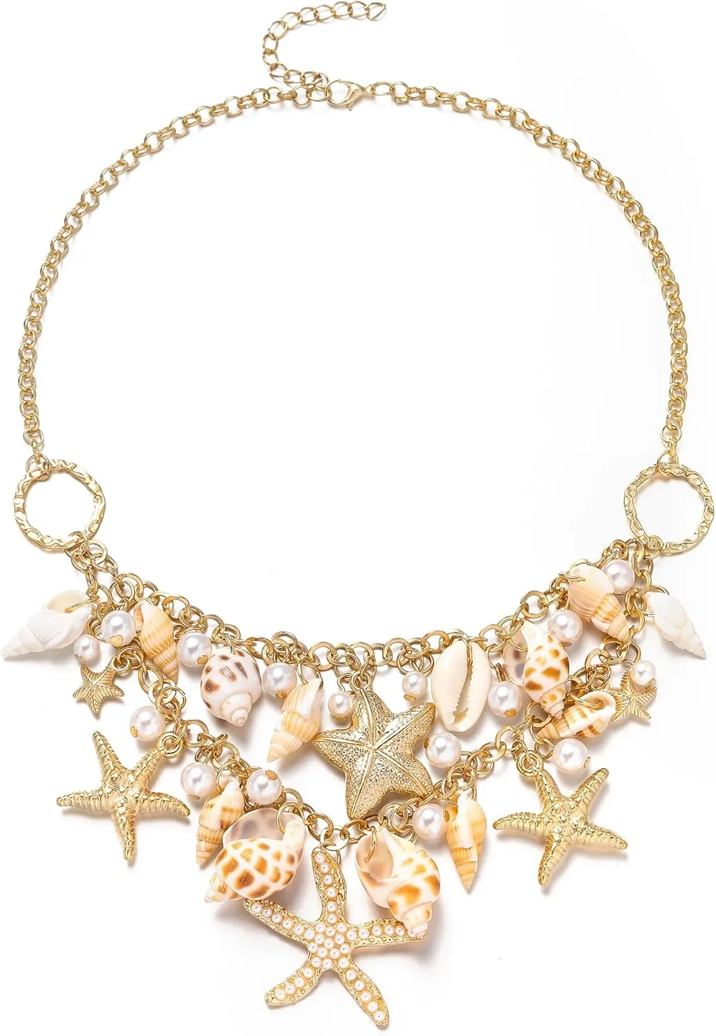 BriLove Bohemian Boho Handmade Simulated Pearls Natural Sea Shell Starfish Layered Collar Necklace for Women Summer Beach Accessories