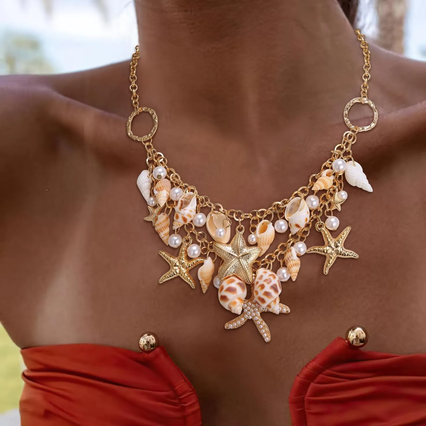 BriLove Bohemian Boho Handmade Simulated Pearls Natural Sea Shell Starfish Layered Collar Necklace for Women Summer Beach Accessories