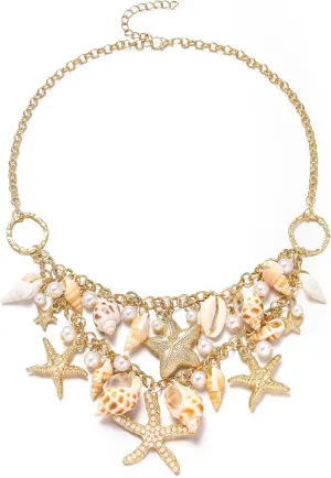 BriLove Bohemian Boho Handmade Simulated Pearls Natural Sea Shell Starfish Layered Collar Necklace for Women Summer Beach Accessories