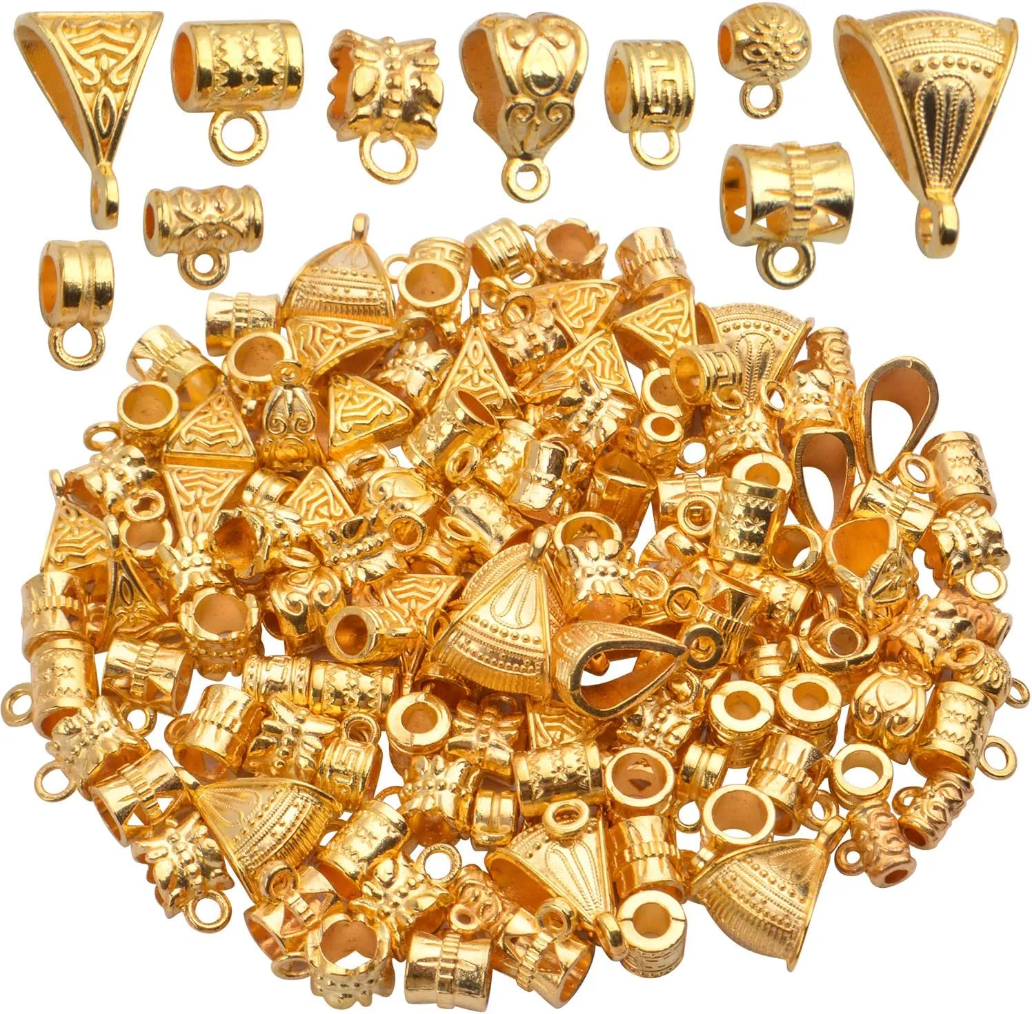 BronaGrand 100g (About 120-170pcs) Mixed Gold Bail Beads,Spacer Bead,Bail Tube Beads,Bracelet Charms,Necklace Pendants for Jewelry and Craft Making