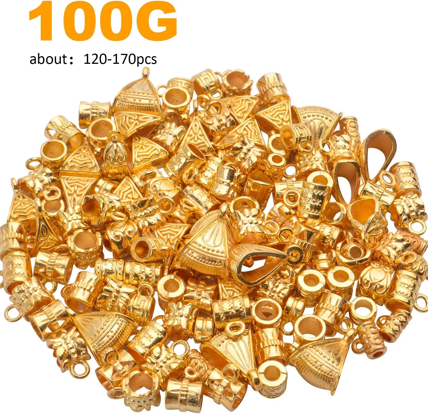 BronaGrand 100g (About 120-170pcs) Mixed Gold Bail Beads,Spacer Bead,Bail Tube Beads,Bracelet Charms,Necklace Pendants for Jewelry and Craft Making