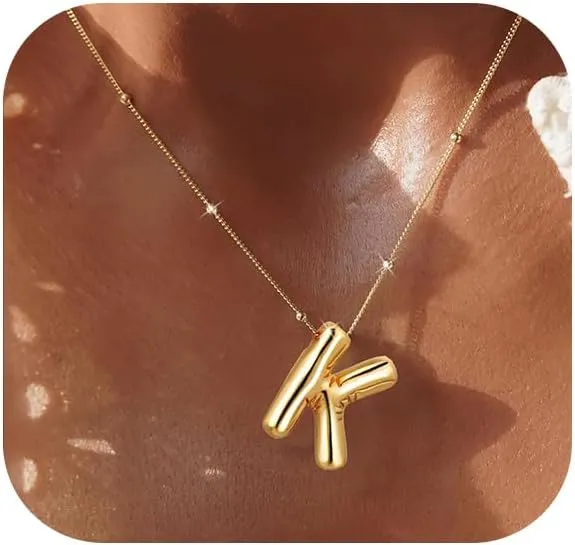 Bubble Letter Necklace for Women,14K Gold Plated Balloon Initial Necklace Dainty Charm Necklaces Puffy Alphabet Name Personalized A-Z Letter Pendant Jewelry for Mom