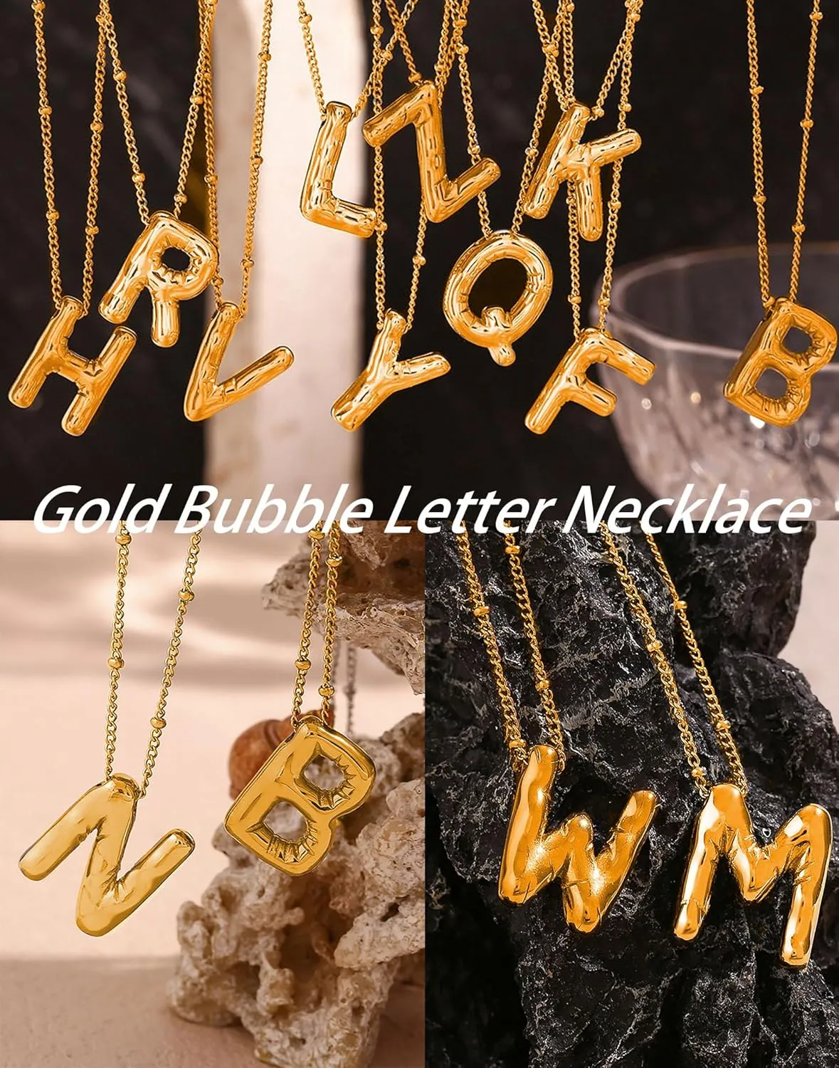 Bubble Letter Necklace for Women,14K Gold Plated Balloon Initial Necklace Dainty Charm Necklaces Puffy Alphabet Name Personalized A-Z Letter Pendant Jewelry for Mom