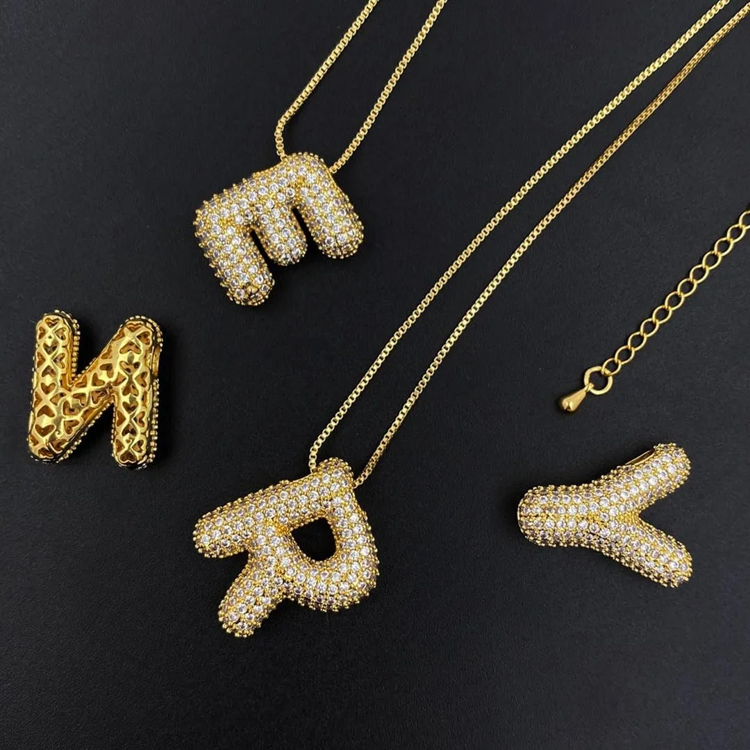 Bubble Letter Necklace Gold for WomenCharm Balloon Initial Letter Pendant Zirconia Inlaid Necklaces Fashion Gifts Jewelry