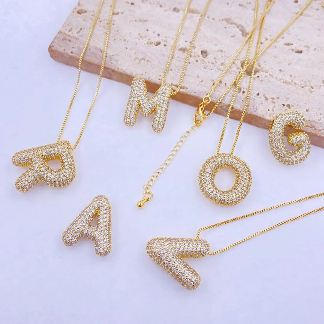 Bubble Letter Necklace Gold for WomenCharm Balloon Initial Letter Pendant Zirconia Inlaid Necklaces Fashion Gifts Jewelry