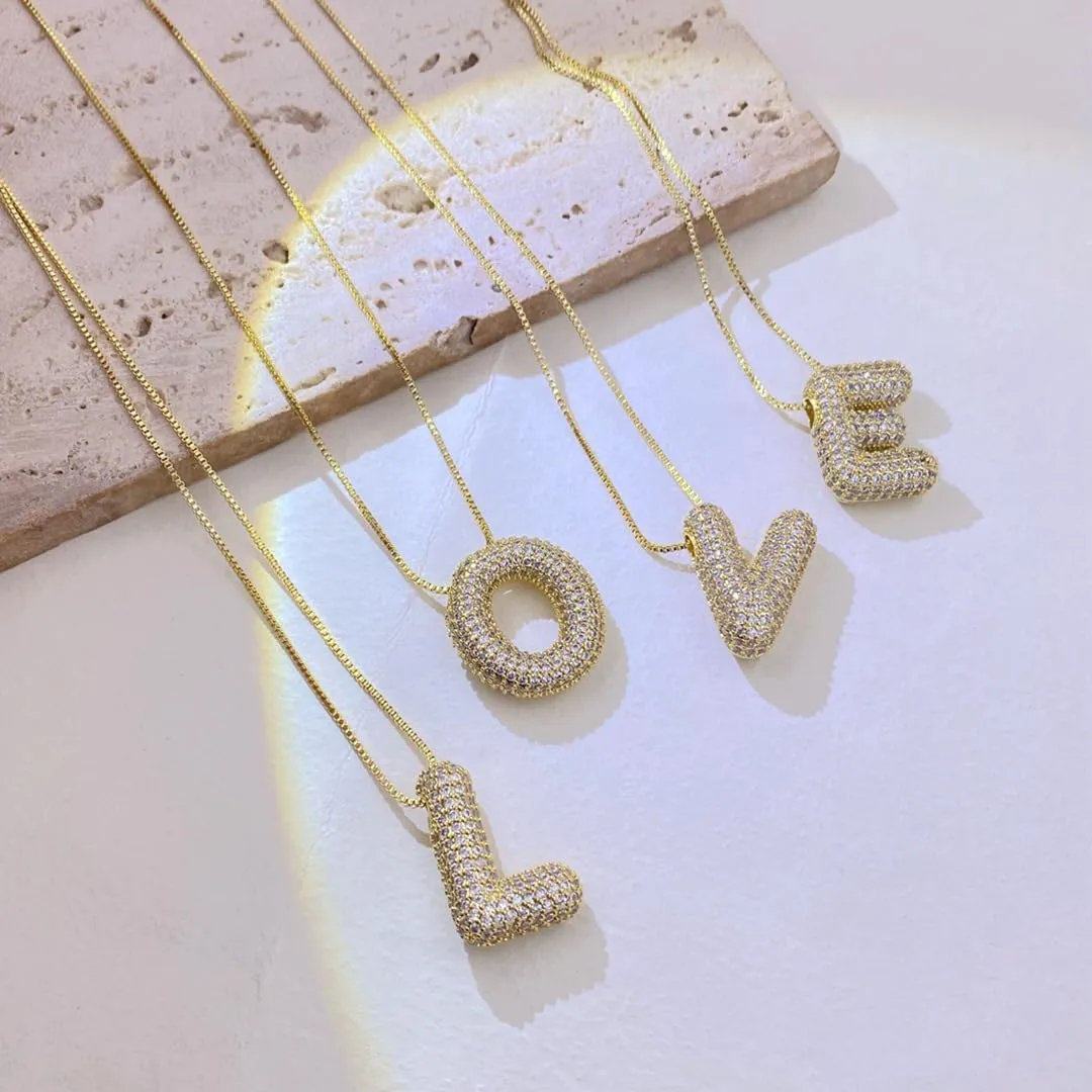 Bubble Letter Necklace Gold for WomenCharm Balloon Initial Letter Pendant Zirconia Inlaid Necklaces Fashion Gifts Jewelry