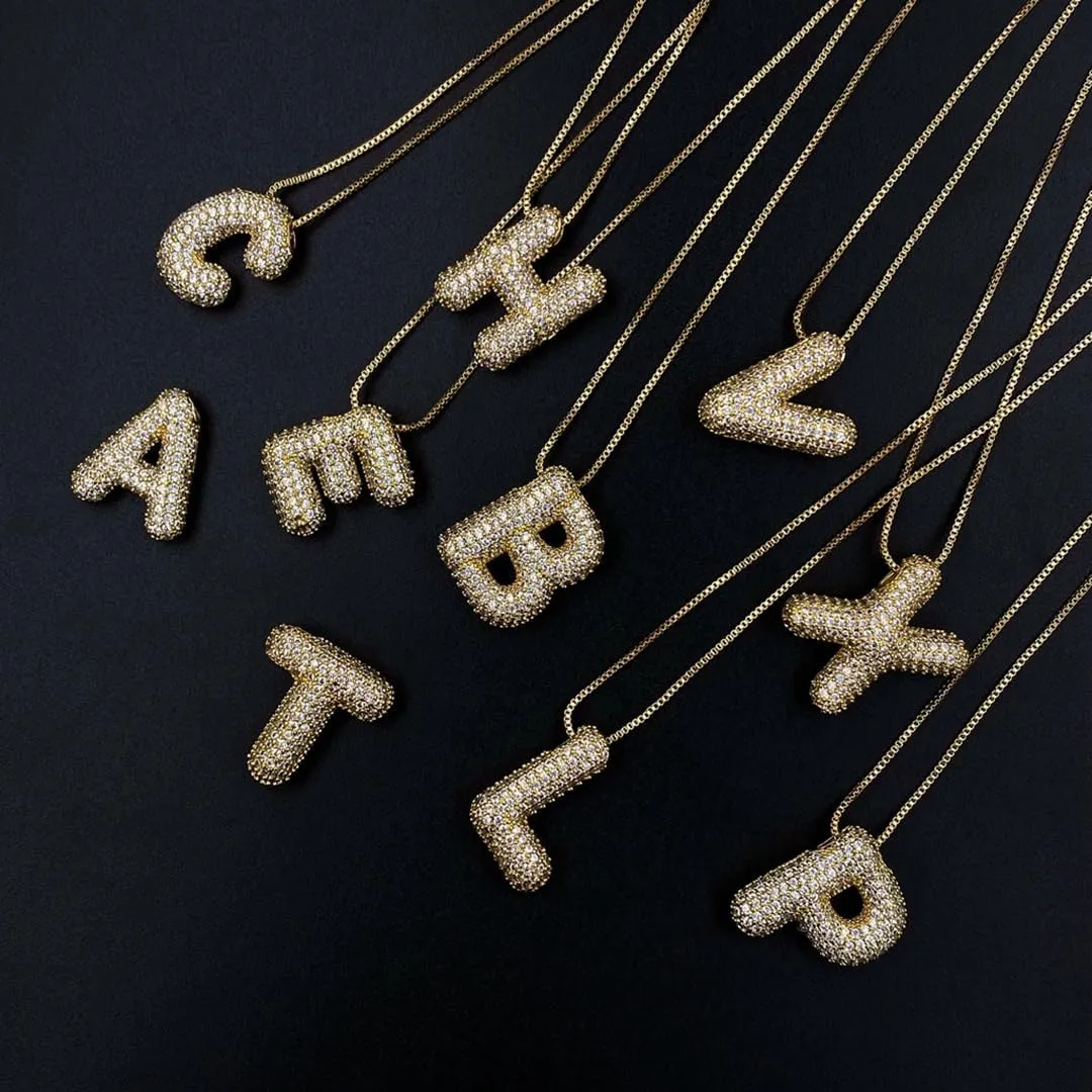 Bubble Letter Necklace Gold for WomenCharm Balloon Initial Letter Pendant Zirconia Inlaid Necklaces Fashion Gifts Jewelry