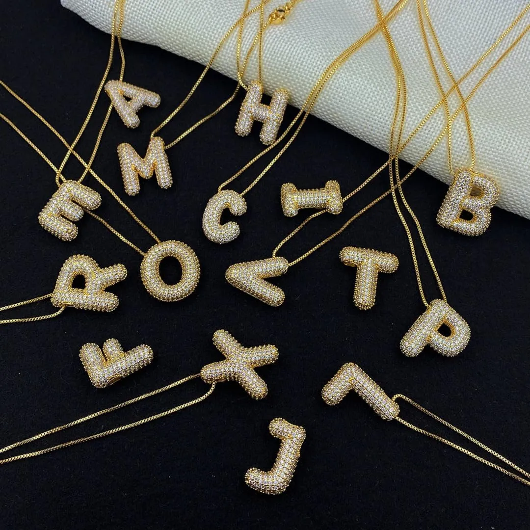 Bubble Letter Necklace Gold for WomenCharm Balloon Initial Letter Pendant Zirconia Inlaid Necklaces Fashion Gifts Jewelry