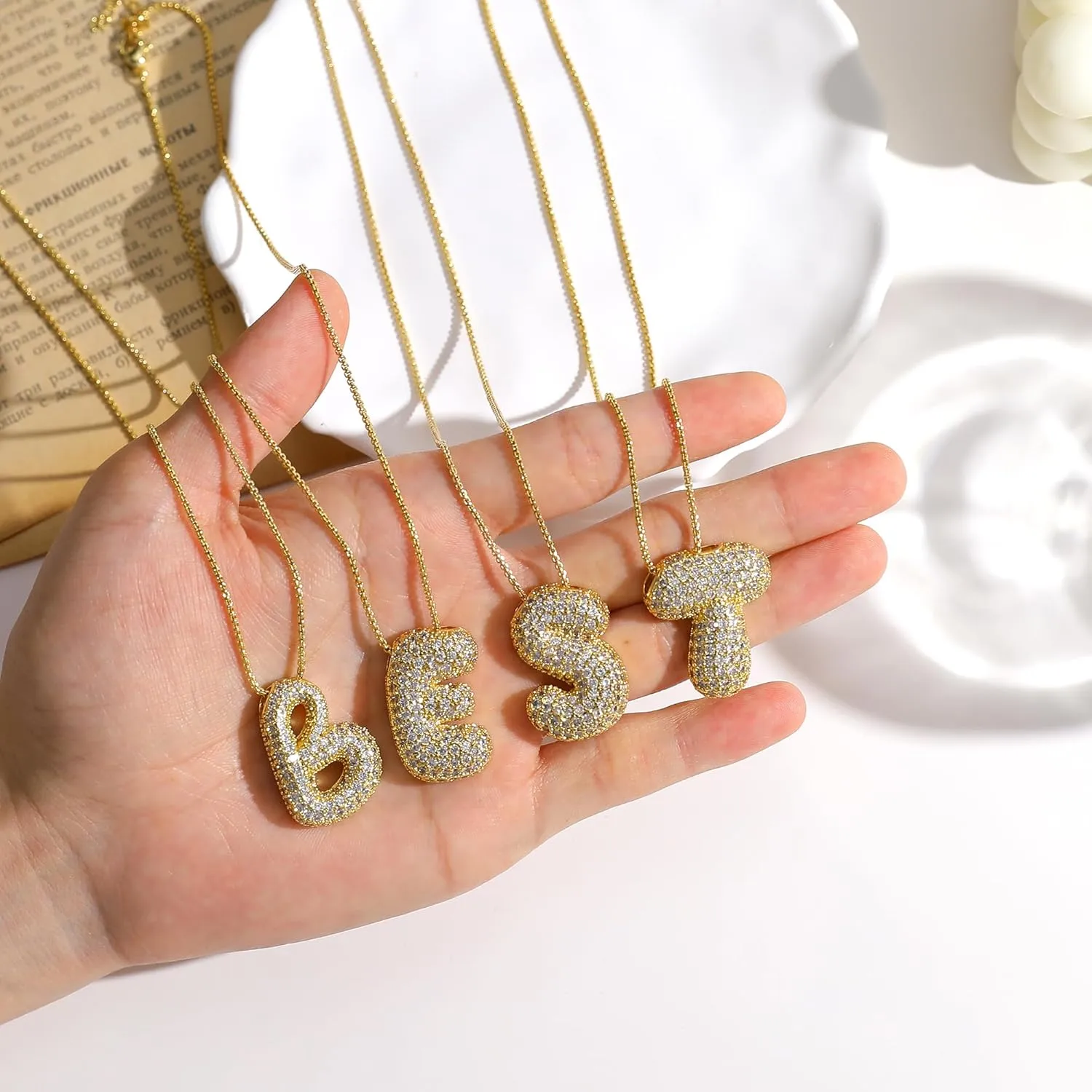 Bubble Letter Necklace Gold for WomenLayered Plated Initial Pendant Puffy Zircon Name Personalized Necklaces Fashion Jewelry for Gifts