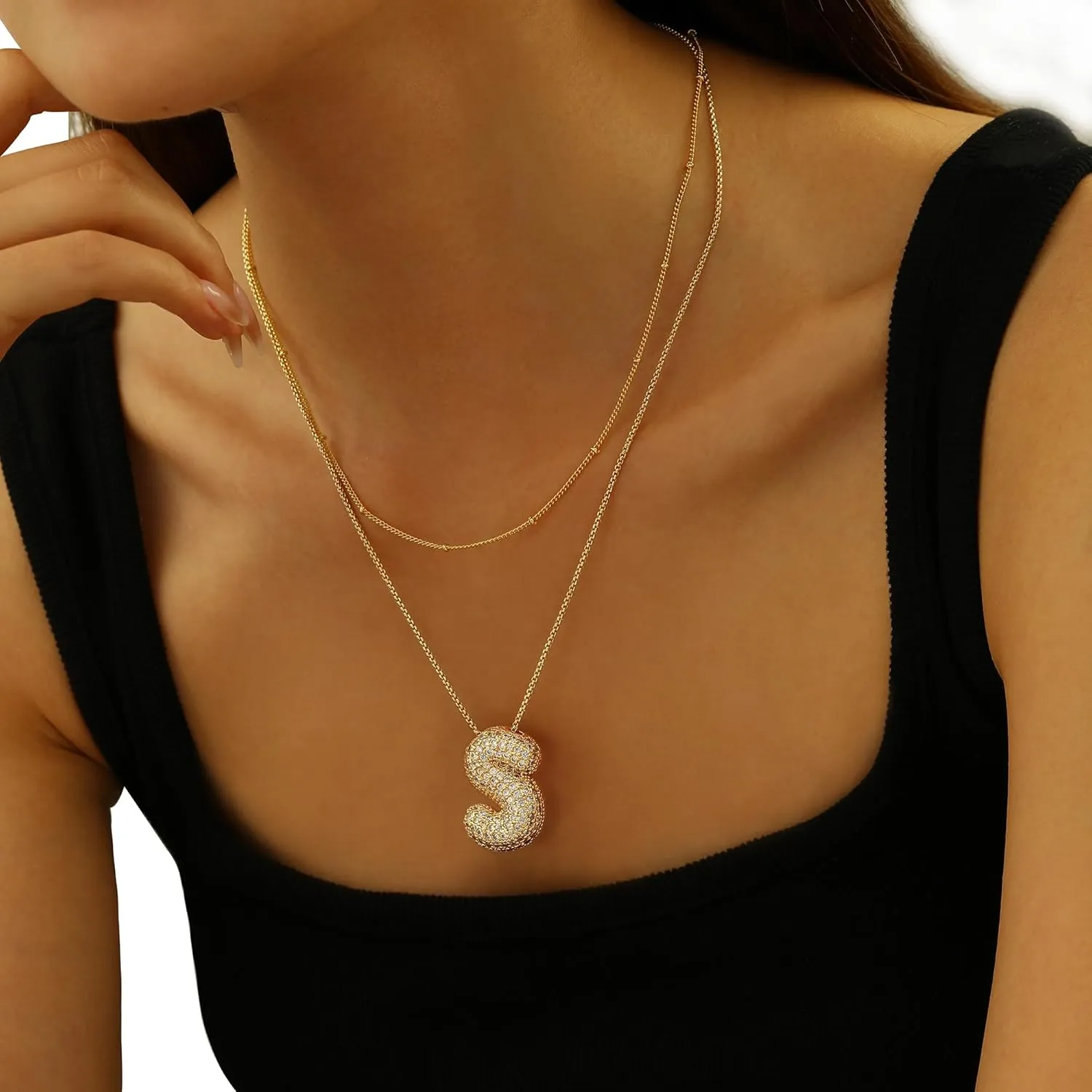 Bubble Letter Necklace Gold for WomenLayered Plated Initial Pendant Puffy Zircon Name Personalized Necklaces Fashion Jewelry for Gifts