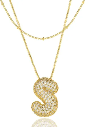 Bubble Letter Necklace Gold for WomenLayered Plated Initial Pendant Puffy Zircon Name Personalized Necklaces Fashion Jewelry for Gifts