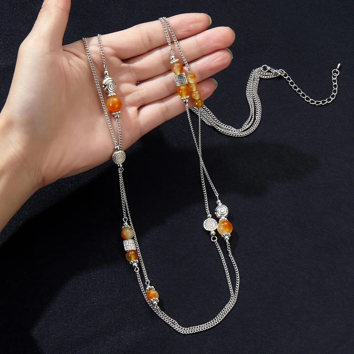 BULINLIN Layered Silver Long Necklace for Women Turquoise Stone Beaded Strand Sweater Chain Necklaces Fashion Costume Jewelry Gifts for Mom