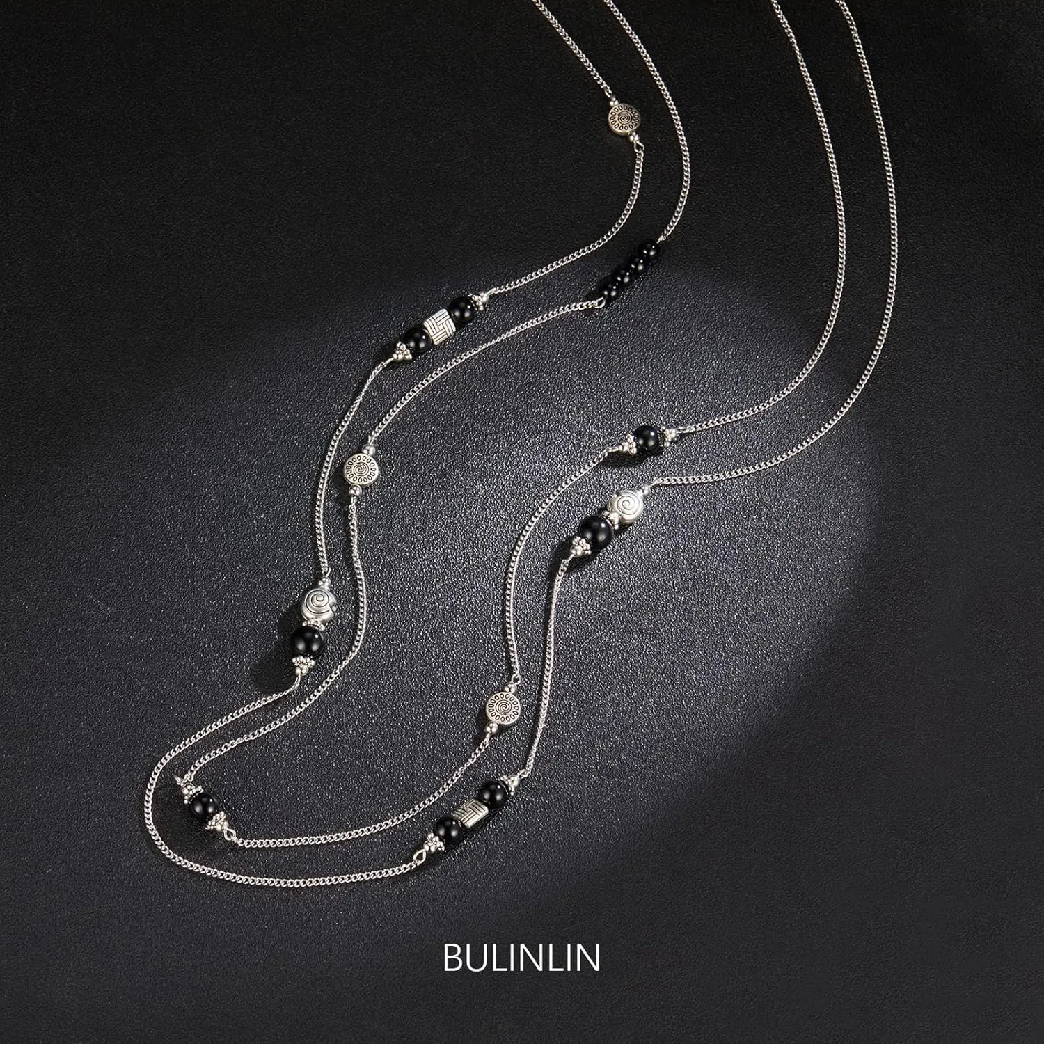 BULINLIN Layered Silver Long Necklace for Women Turquoise Stone Beaded Strand Sweater Chain Necklaces Fashion Costume Jewelry Gifts for Mom