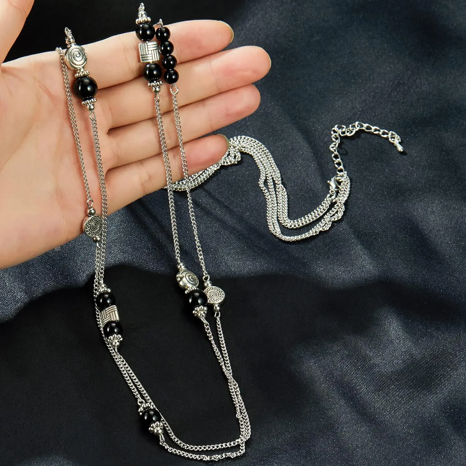 BULINLIN Layered Silver Long Necklace for Women Turquoise Stone Beaded Strand Sweater Chain Necklaces Fashion Costume Jewelry Gifts for Mom