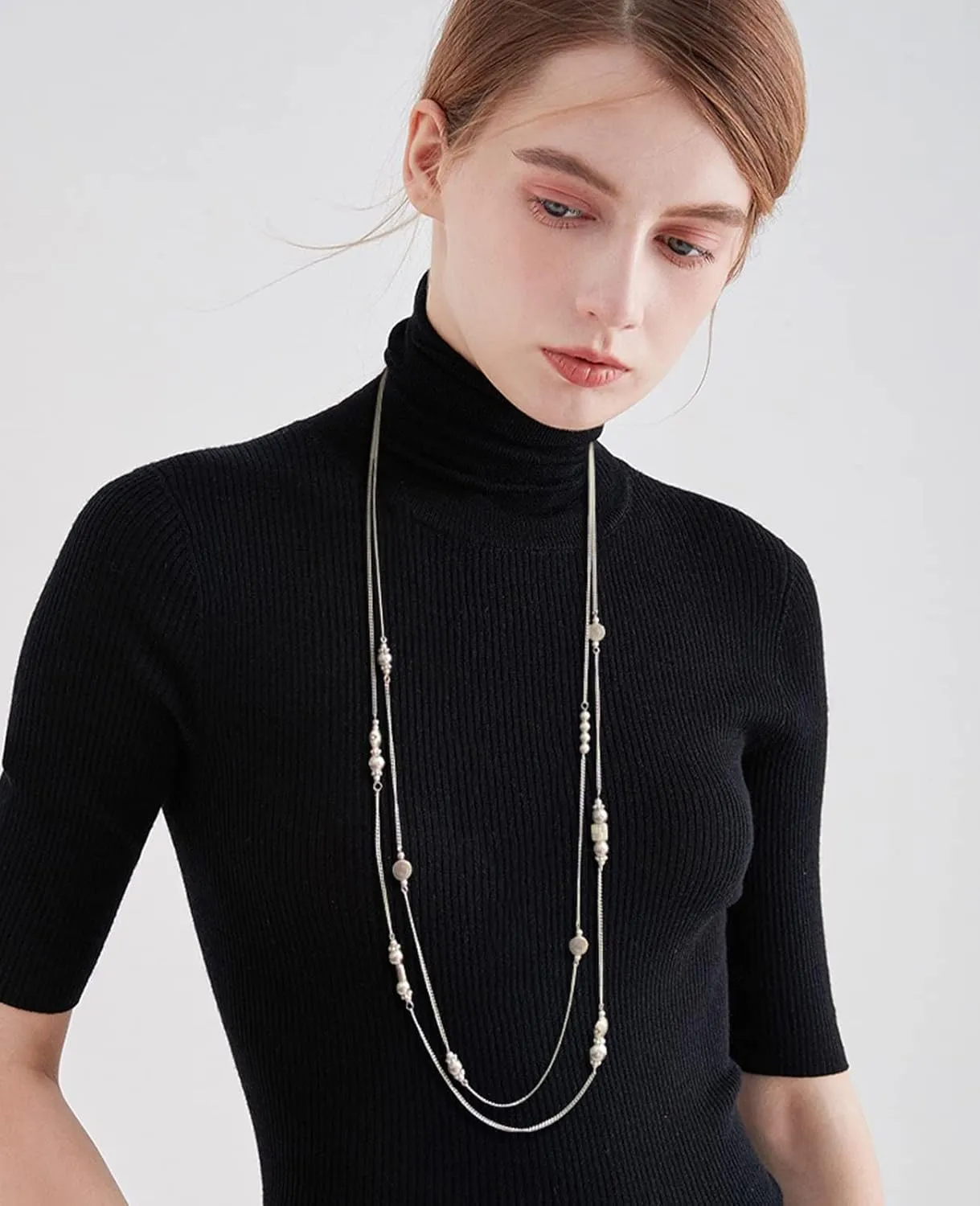 BULINLIN Layered Silver Long Necklace for Women Turquoise Stone Beaded Strand Sweater Chain Necklaces Fashion Costume Jewelry Gifts for Mom