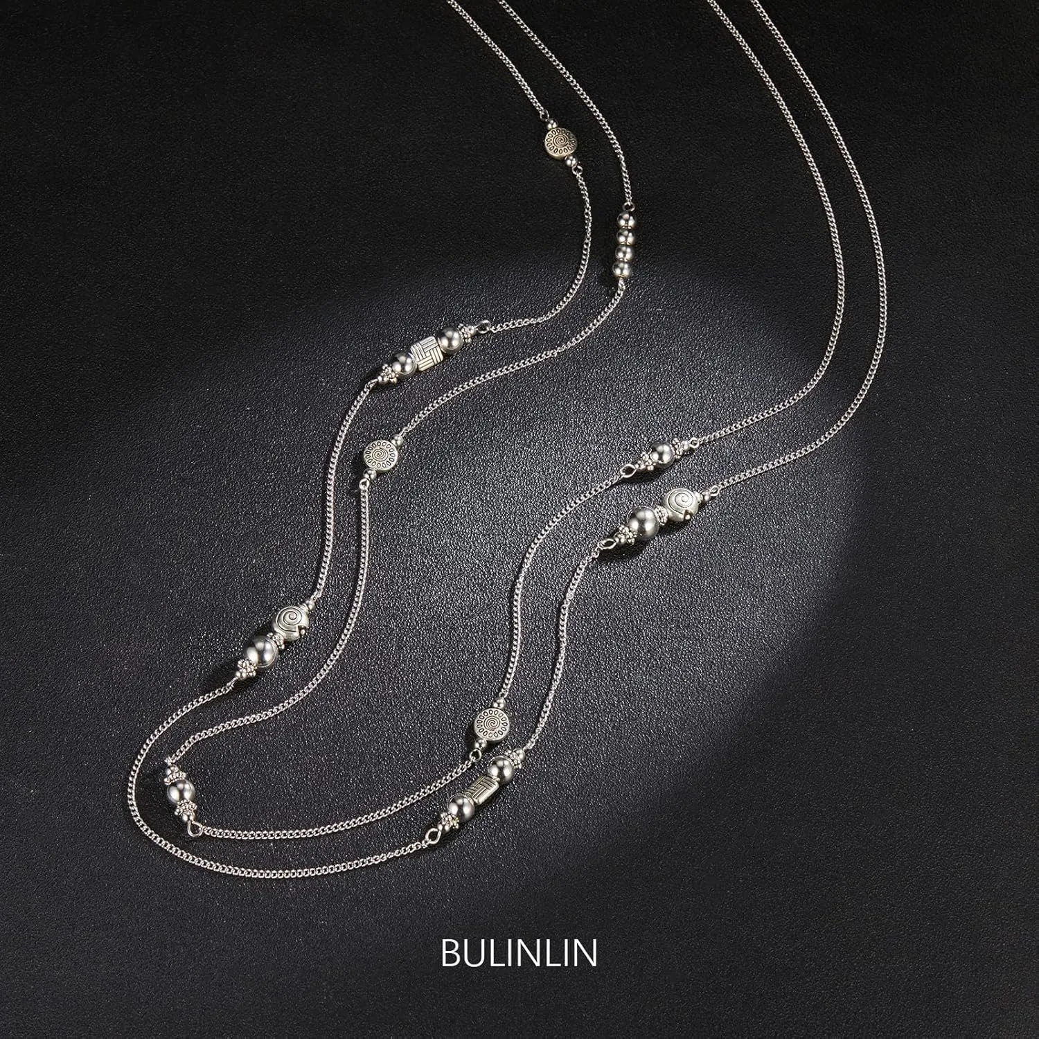 BULINLIN Layered Silver Long Necklace for Women Turquoise Stone Beaded Strand Sweater Chain Necklaces Fashion Costume Jewelry Gifts for Mom