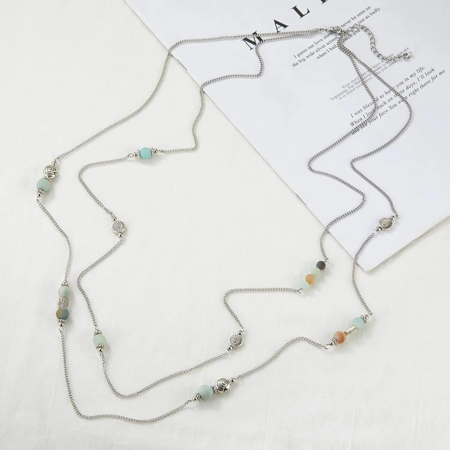 BULINLIN Layered Silver Long Necklace for Women Turquoise Stone Beaded Strand Sweater Chain Necklaces Fashion Costume Jewelry Gifts for Mom