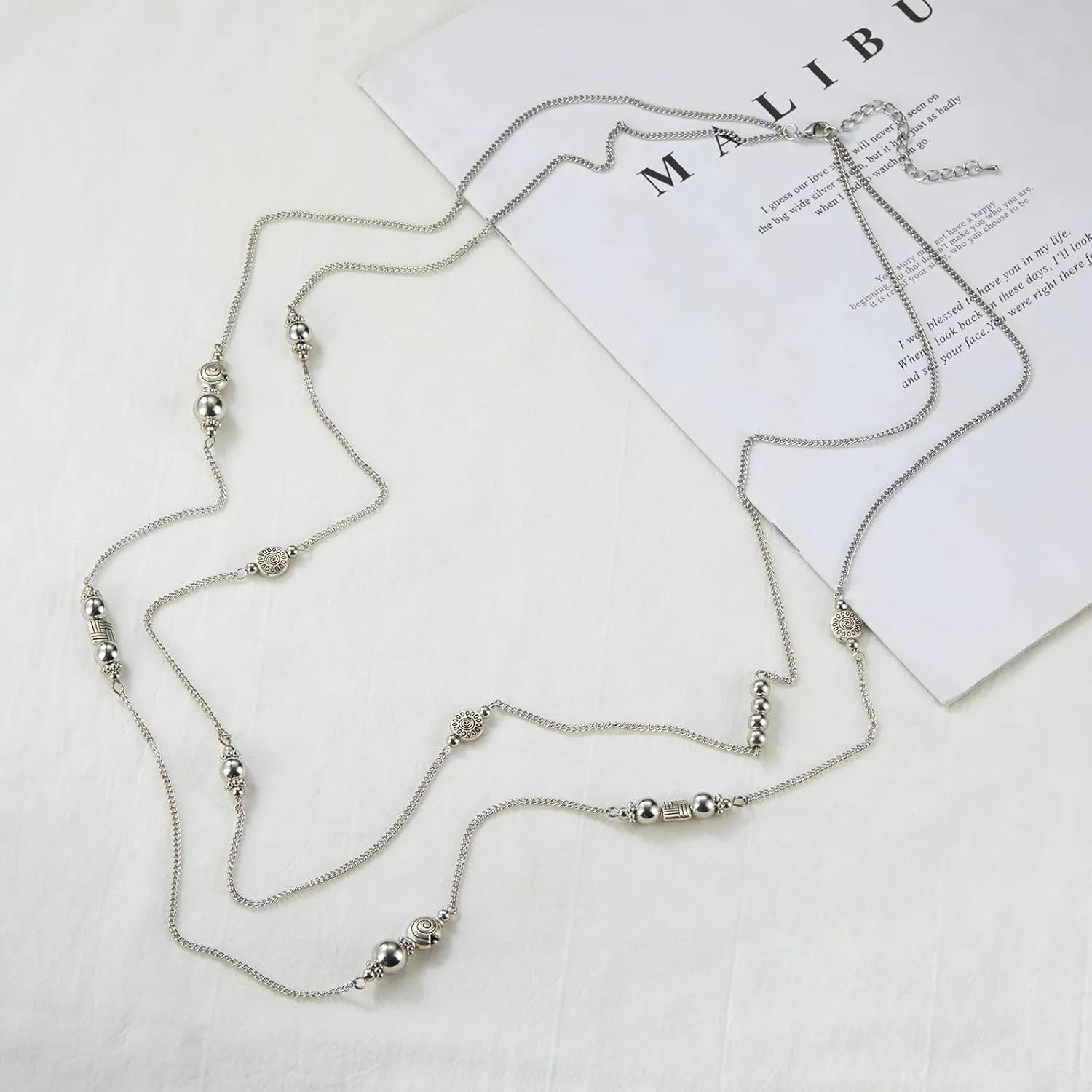 BULINLIN Layered Silver Long Necklace for Women Turquoise Stone Beaded Strand Sweater Chain Necklaces Fashion Costume Jewelry Gifts for Mom