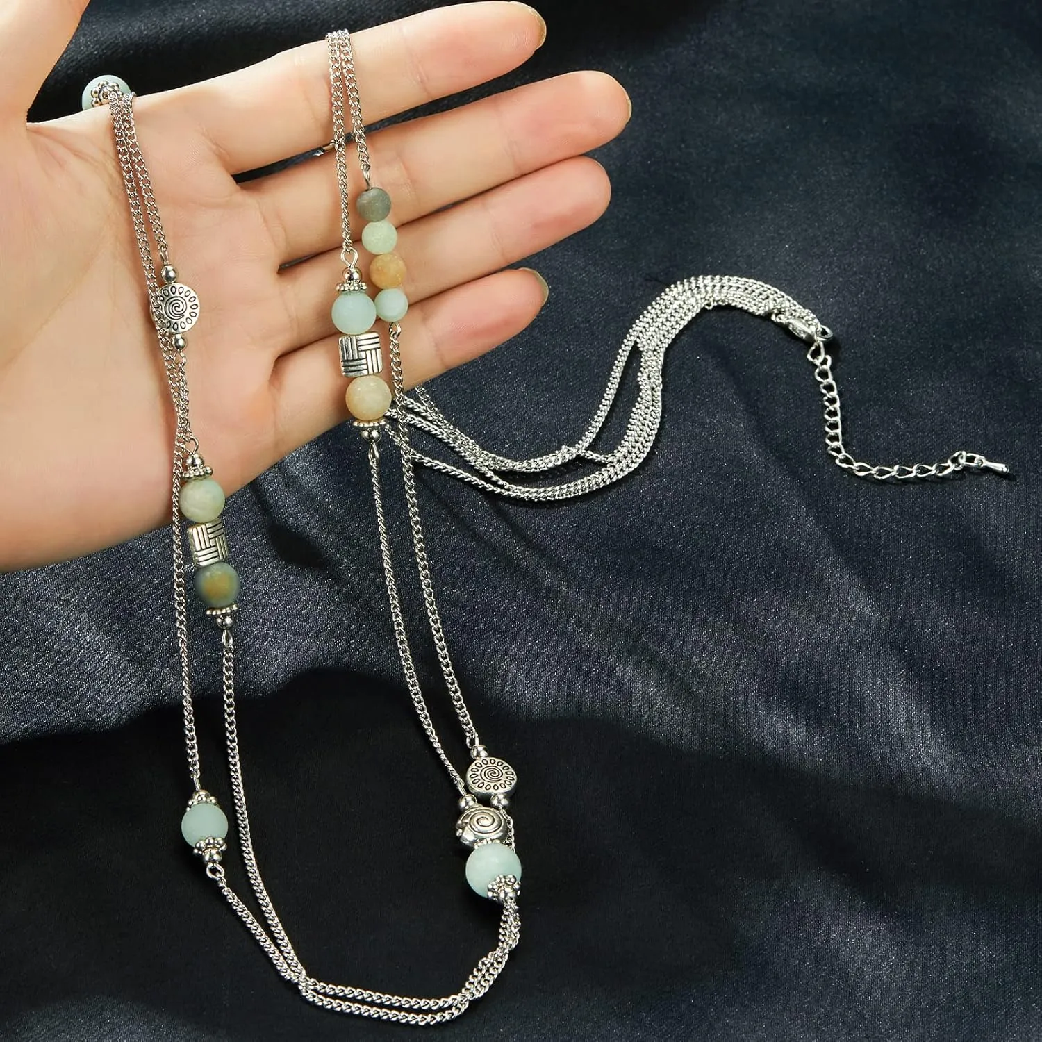 BULINLIN Layered Silver Long Necklace for Women Turquoise Stone Beaded Strand Sweater Chain Necklaces Fashion Costume Jewelry Gifts for Mom