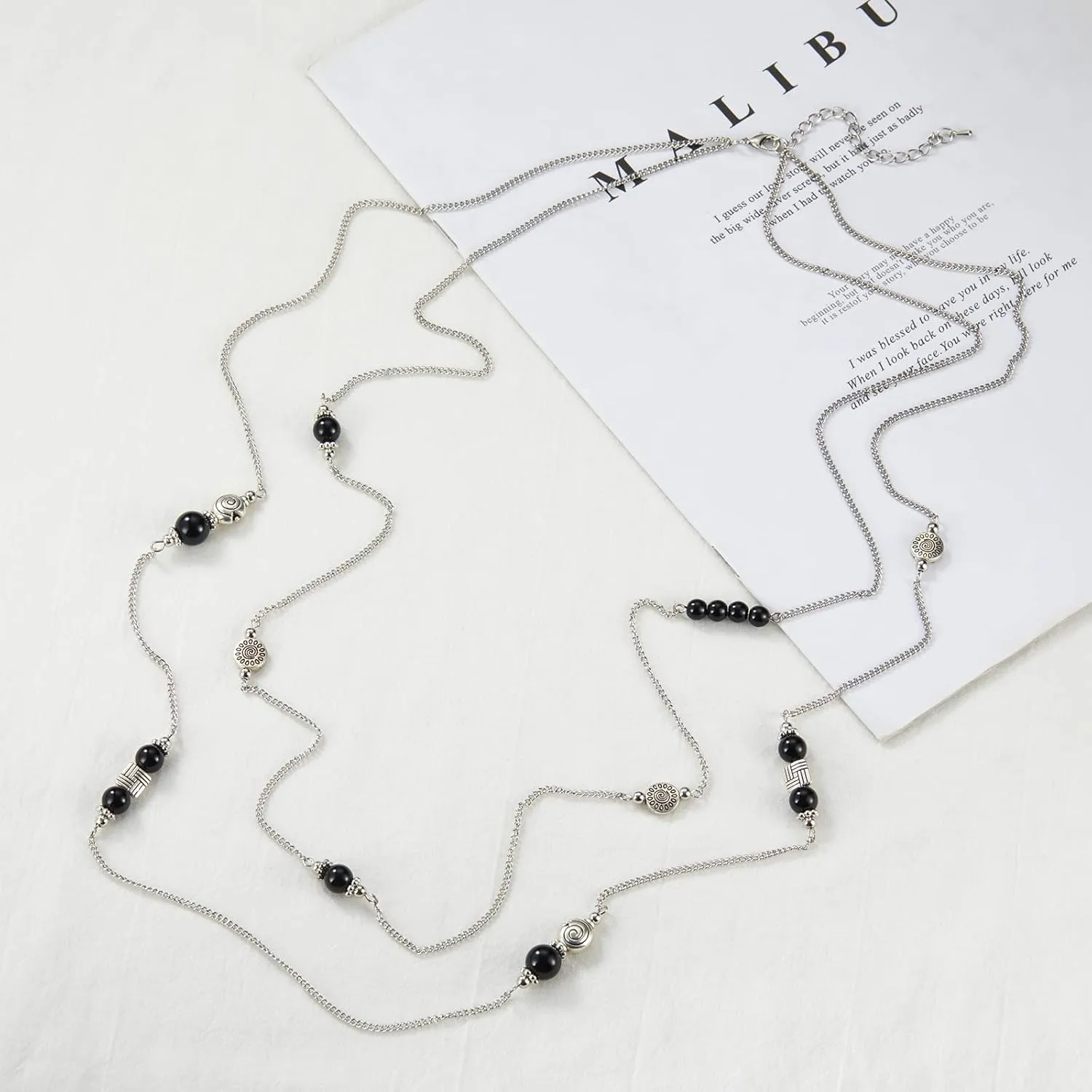 BULINLIN Layered Silver Long Necklace for Women Turquoise Stone Beaded Strand Sweater Chain Necklaces Fashion Costume Jewelry Gifts for Mom