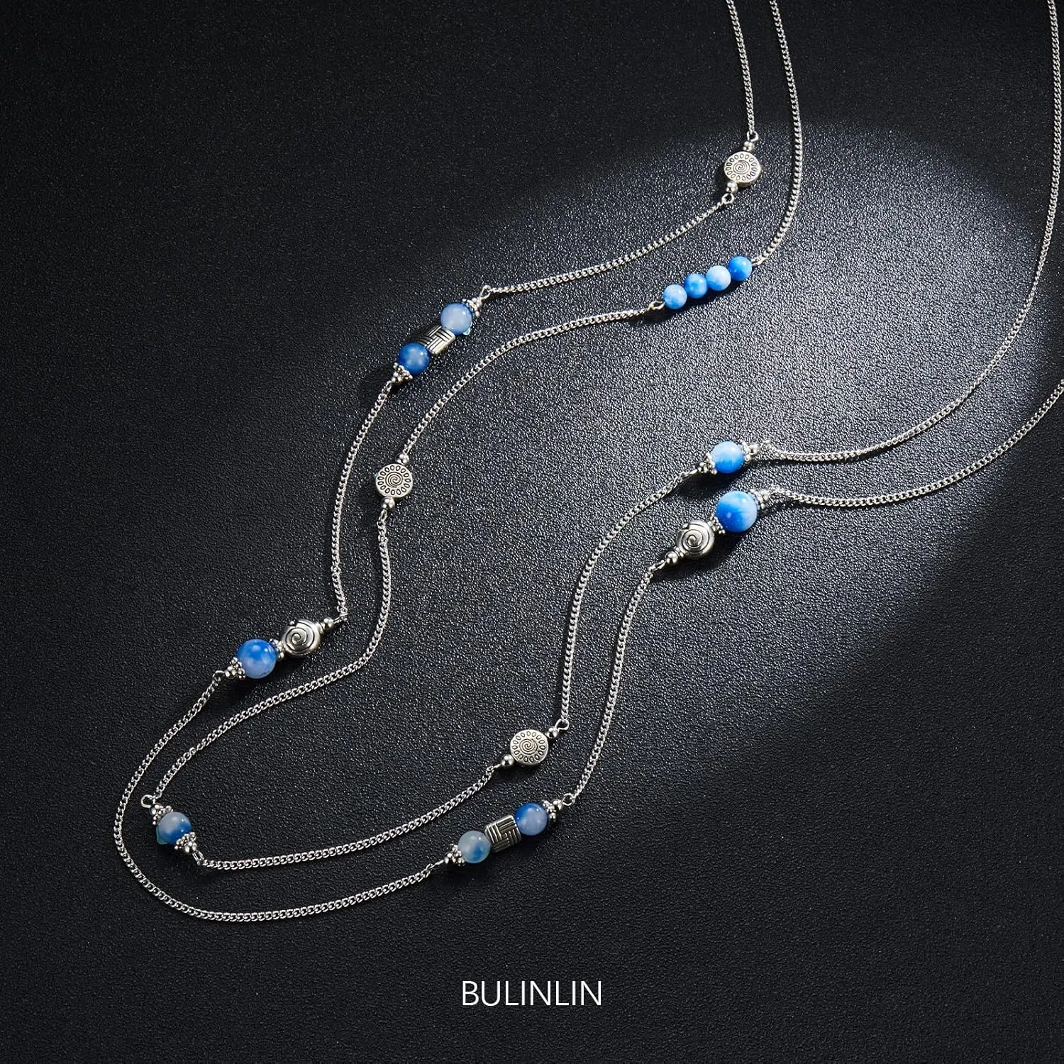BULINLIN Layered Silver Long Necklace for Women Turquoise Stone Beaded Strand Sweater Chain Necklaces Fashion Costume Jewelry Gifts for Mom