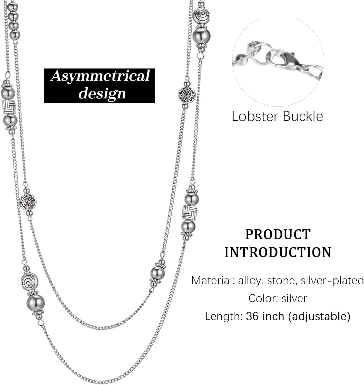BULINLIN Layered Silver Long Necklace for Women Turquoise Stone Beaded Strand Sweater Chain Necklaces Fashion Costume Jewelry Gifts for Mom