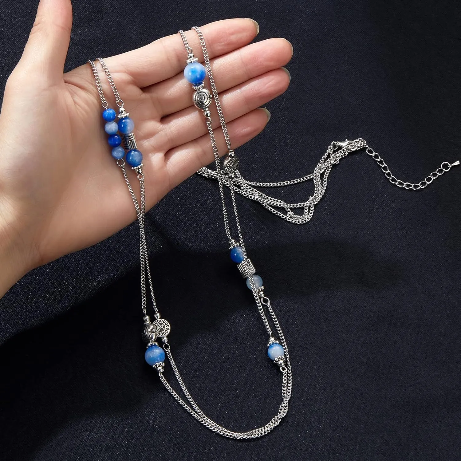 BULINLIN Layered Silver Long Necklace for Women Turquoise Stone Beaded Strand Sweater Chain Necklaces Fashion Costume Jewelry Gifts for Mom