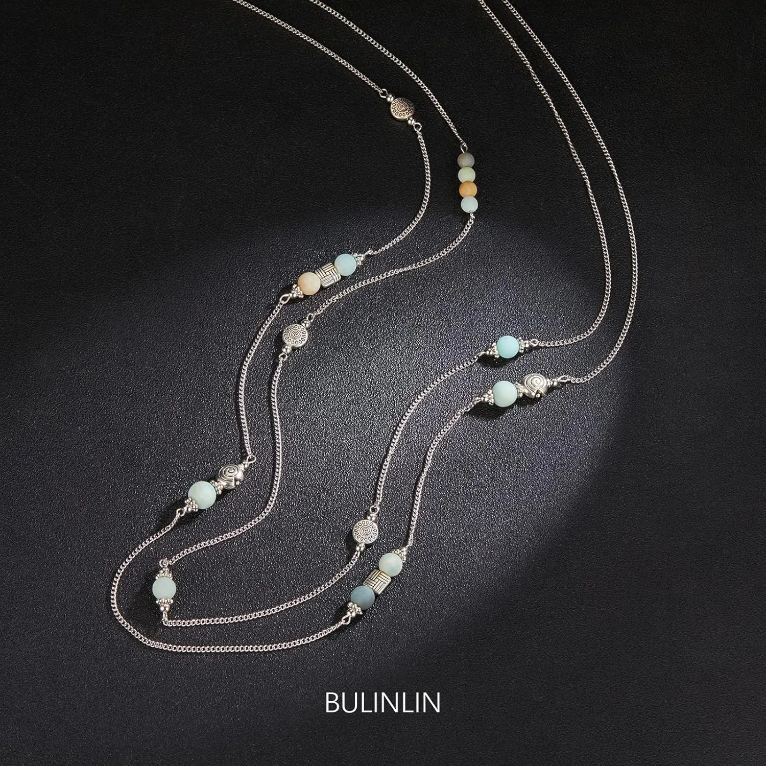 BULINLIN Layered Silver Long Necklace for Women Turquoise Stone Beaded Strand Sweater Chain Necklaces Fashion Costume Jewelry Gifts for Mom