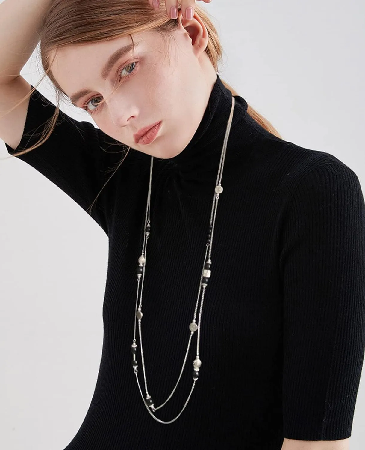 BULINLIN Layered Silver Long Necklace for Women Turquoise Stone Beaded Strand Sweater Chain Necklaces Fashion Costume Jewelry Gifts for Mom