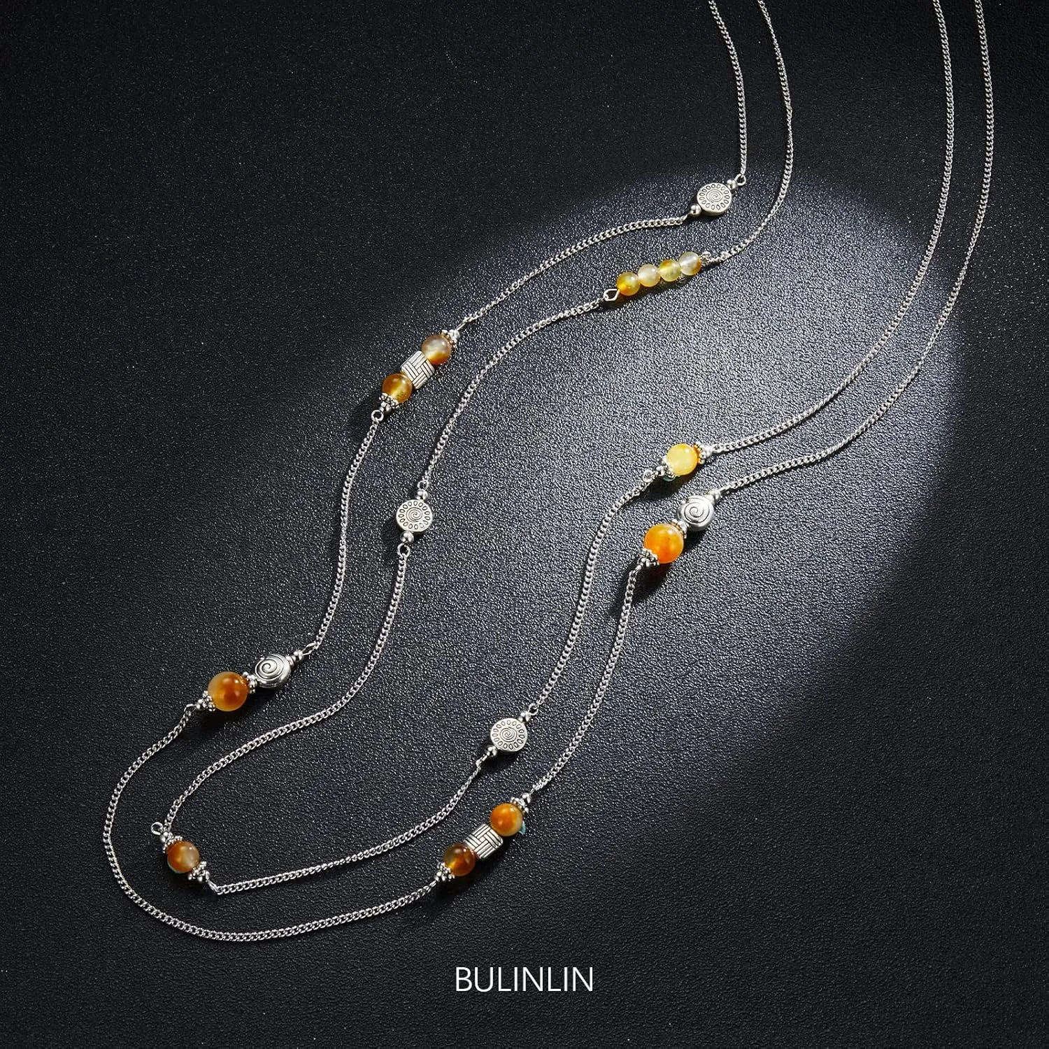 BULINLIN Layered Silver Long Necklace for Women Turquoise Stone Beaded Strand Sweater Chain Necklaces Fashion Costume Jewelry Gifts for Mom