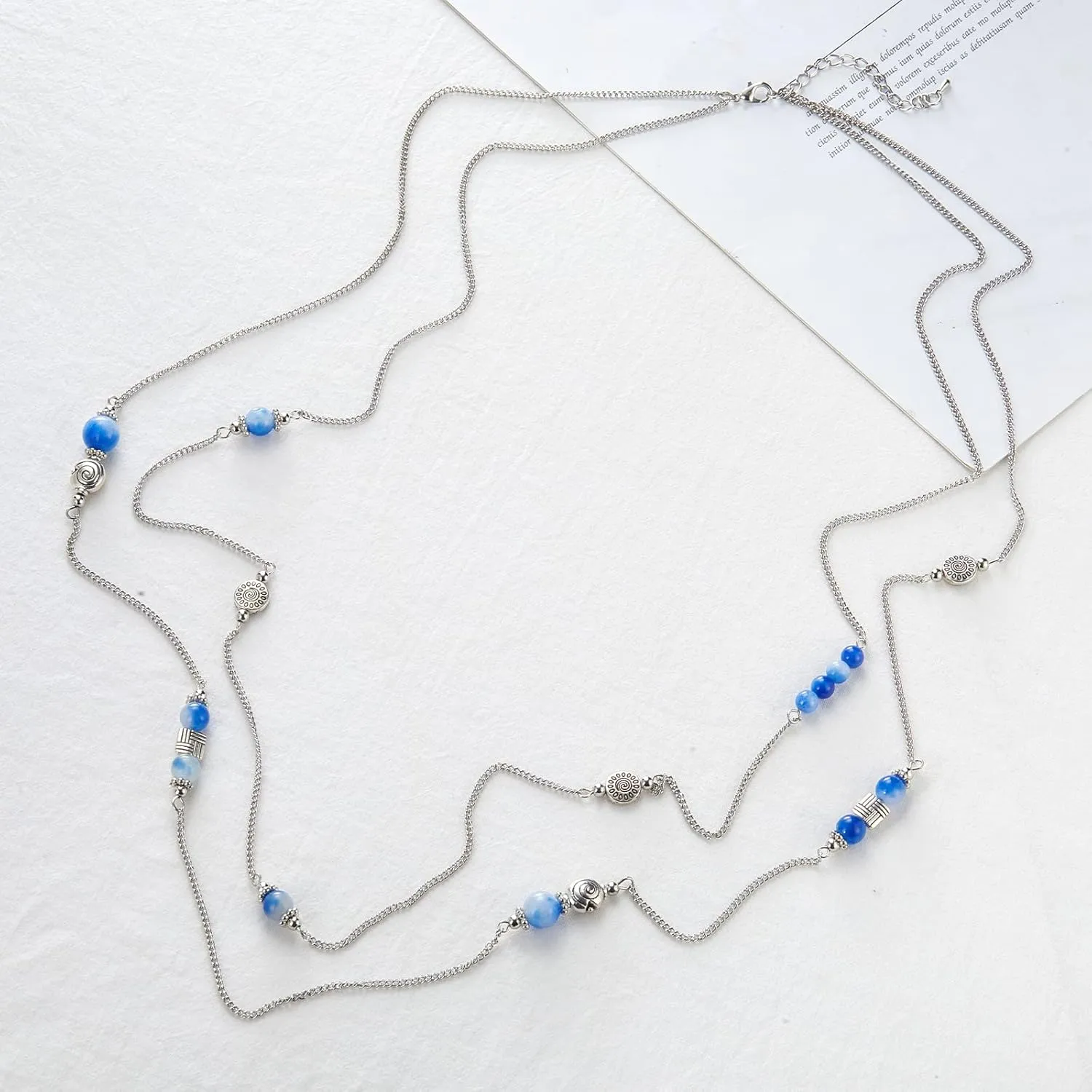 BULINLIN Layered Silver Long Necklace for Women Turquoise Stone Beaded Strand Sweater Chain Necklaces Fashion Costume Jewelry Gifts for Mom