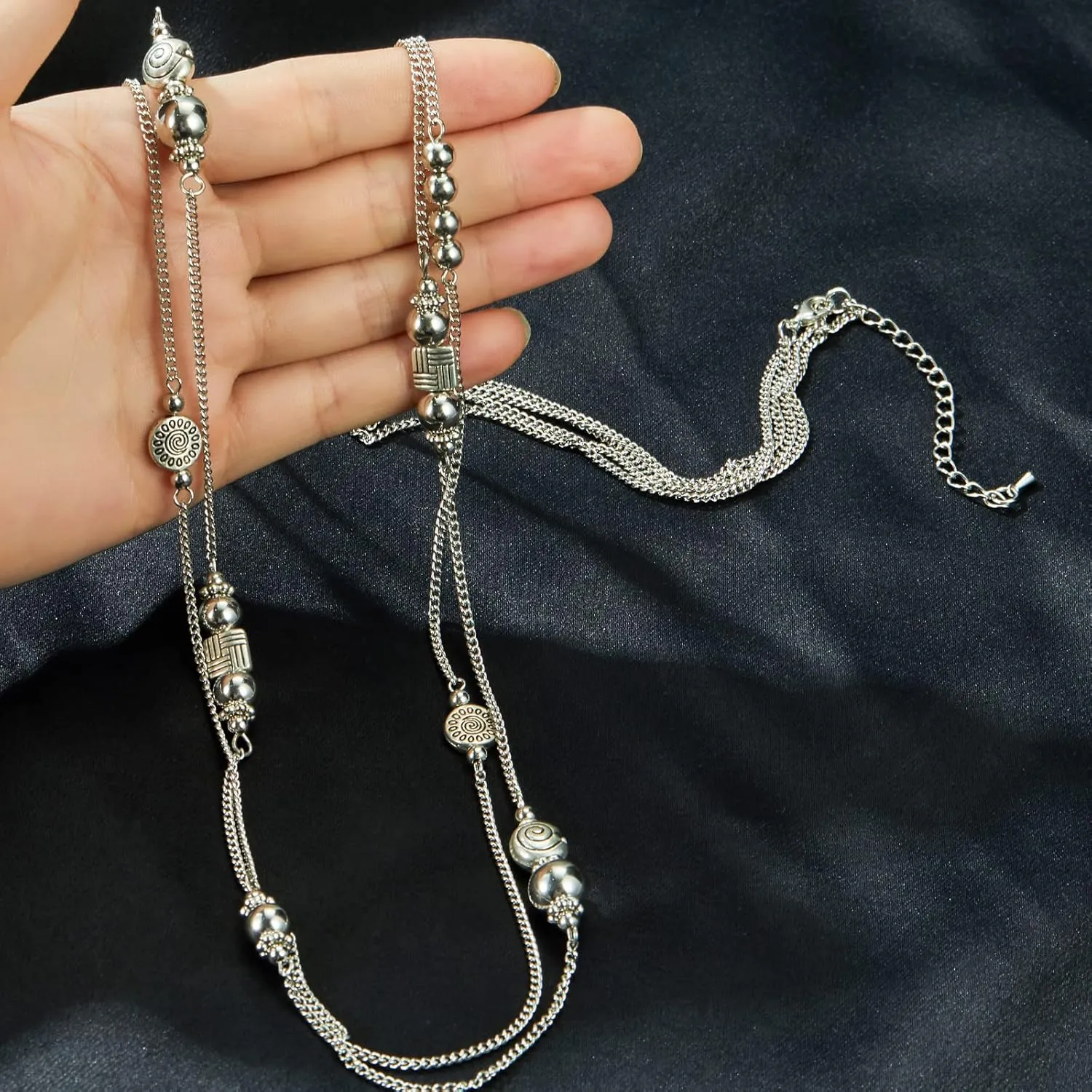 BULINLIN Layered Silver Long Necklace for Women Turquoise Stone Beaded Strand Sweater Chain Necklaces Fashion Costume Jewelry Gifts for Mom