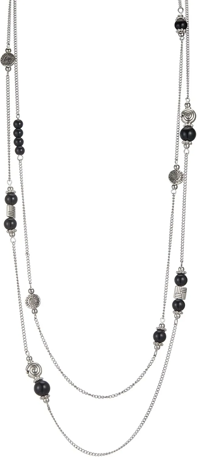 BULINLIN Layered Silver Long Necklace for Women Turquoise Stone Beaded Strand Sweater Chain Necklaces Fashion Costume Jewelry Gifts for Mom