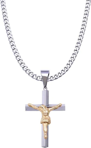 C08-P06 18"-36" Mens Stainless Steel Silver 2-Tone Crucifix Jesus Cross Pendant Necklace Chain Link