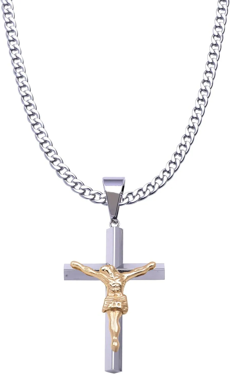C08-P06 18"-36" Mens Stainless Steel Silver 2-Tone Crucifix Jesus Cross Pendant Necklace Chain Link