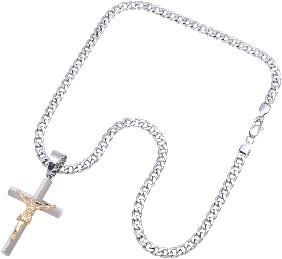C08-P06 18"-36" Mens Stainless Steel Silver 2-Tone Crucifix Jesus Cross Pendant Necklace Chain Link