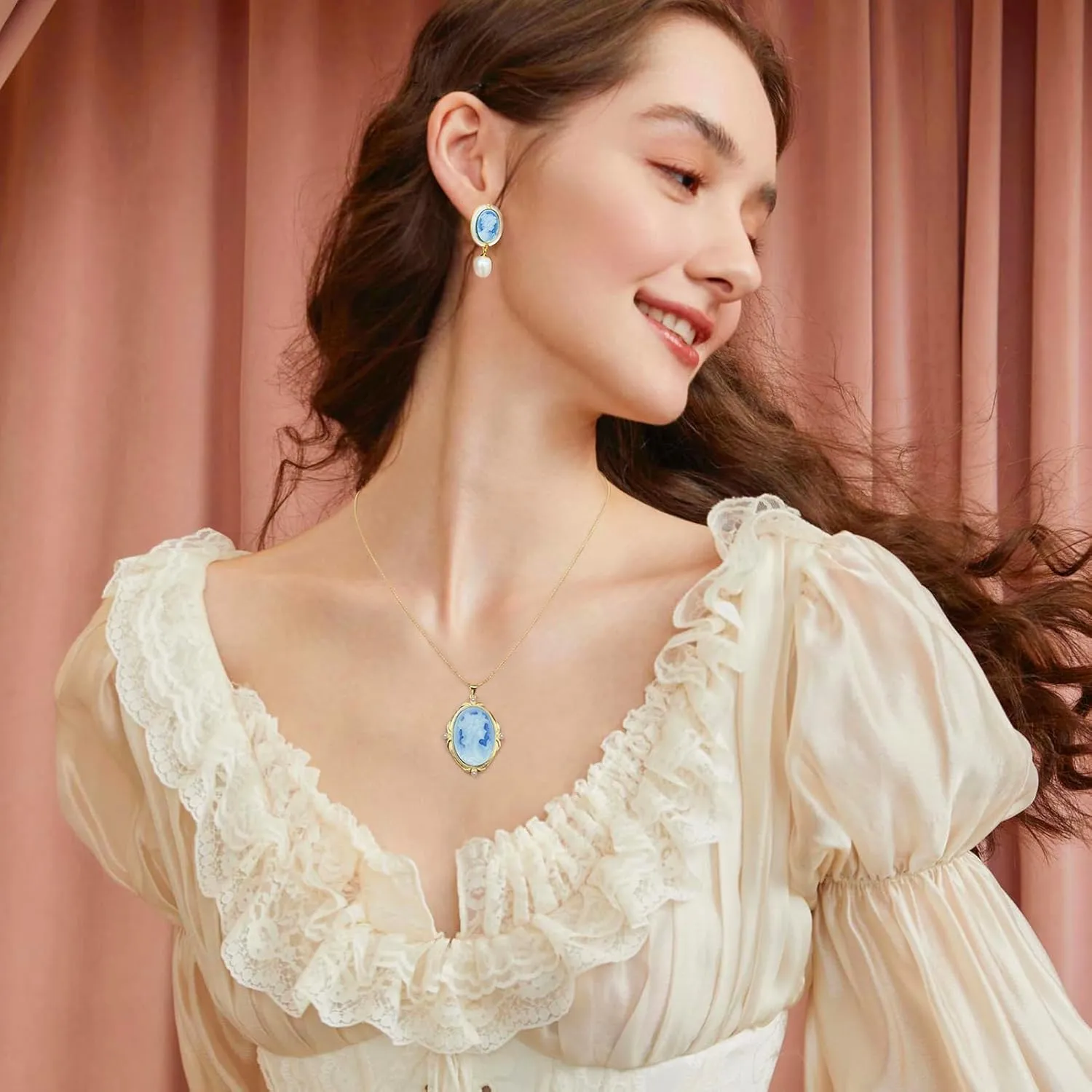 Cameo Pendant Necklace, Women's Blue Agate Carved Cameo Pendant in 14K Gold Frame Pendant Necklaces Vintage Jewelry Gifts