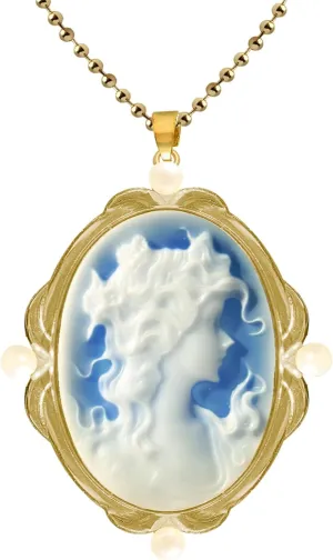 Cameo Pendant Necklace, Women's Blue Agate Carved Cameo Pendant in 14K Gold Frame Pendant Necklaces Vintage Jewelry Gifts