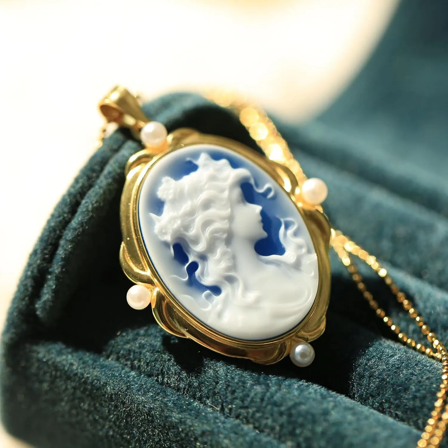 Cameo Pendant Necklace, Women's Blue Agate Carved Cameo Pendant in 14K Gold Frame Pendant Necklaces Vintage Jewelry Gifts