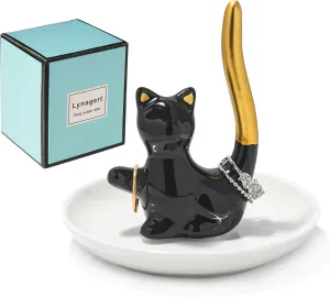 Cat Ring Holder Ceramic Jewelry Dish - Trinket Tray for Earrings and Organizer - Funny Themed Gifts for Cat Mom, Lovers, Birthday Gifts for Women
