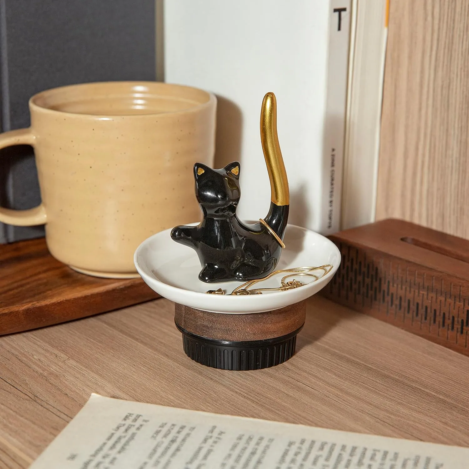 Cat Ring Holder Ceramic Jewelry Dish - Trinket Tray for Earrings and Organizer - Funny Themed Gifts for Cat Mom, Lovers, Birthday Gifts for Women