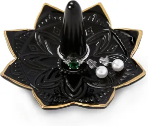 Ceramic Ring Holder for Jewelry,Black Mandala Ring Dish Jewelry Dish Jewelry Holder,Room Decor,Engagement Wedding Birthday Gifts for Couples Women