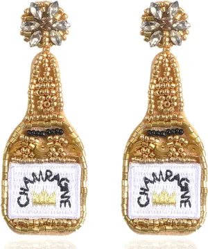 Champagne Fun Earrings Dangling 2 Pairs, Novelty Fashion Funky Champagne Wine Bottle Alcohol Rhinestone Earrings Parties Wedding Birthday Gifts for Women Yellow