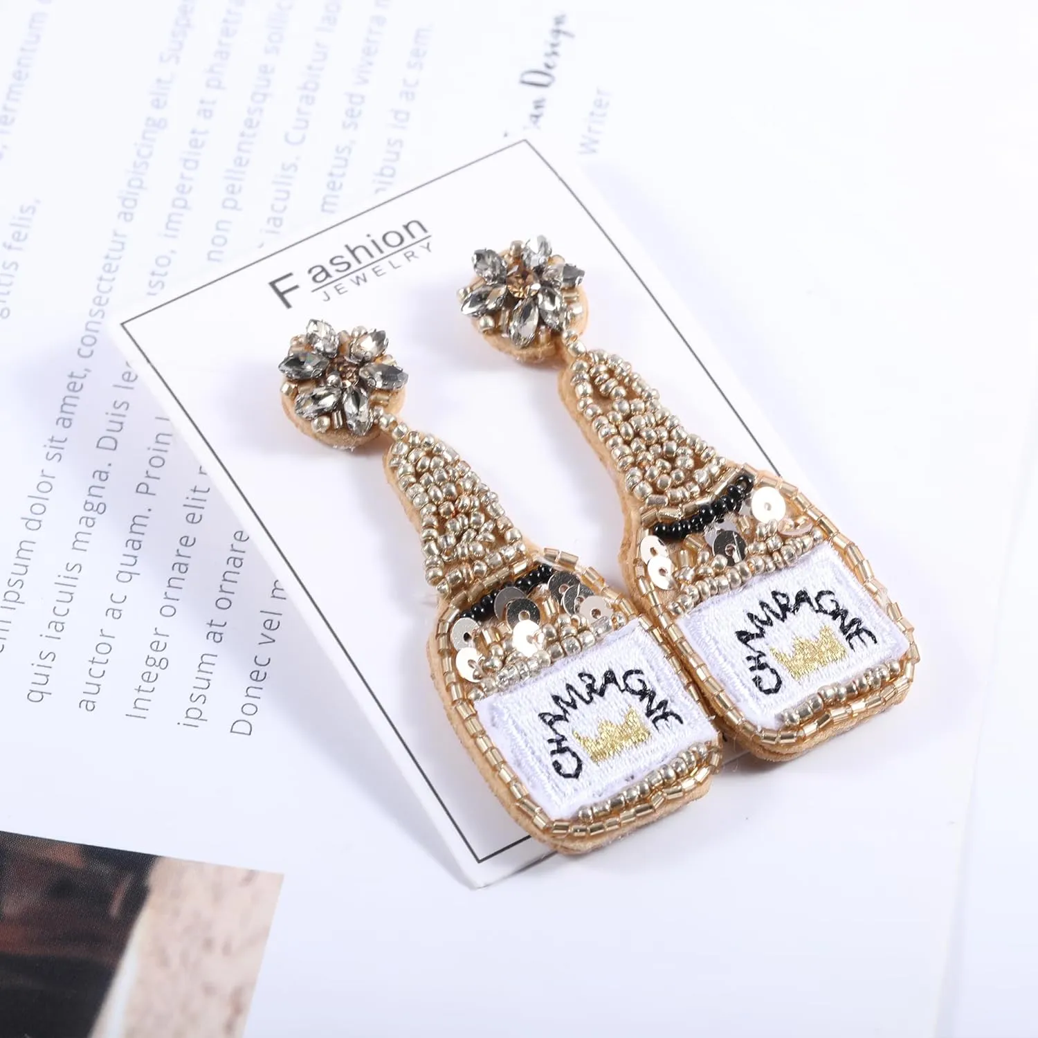 Champagne Fun Earrings Dangling 2 Pairs, Novelty Fashion Funky Champagne Wine Bottle Alcohol Rhinestone Earrings Parties Wedding Birthday Gifts for Women Yellow