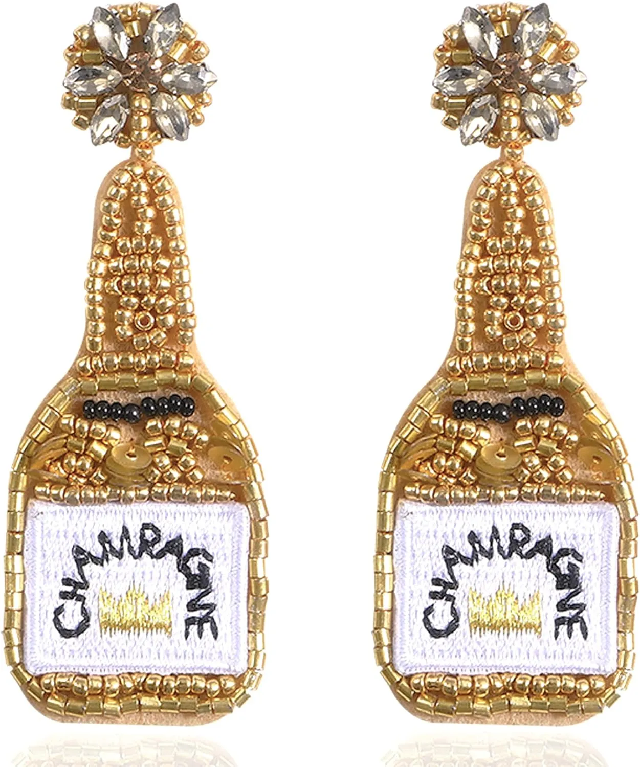Champagne Fun Earrings Dangling 2 Pairs, Novelty Fashion Funky Champagne Wine Bottle Alcohol Rhinestone Earrings Parties Wedding Birthday Gifts for Women Yellow
